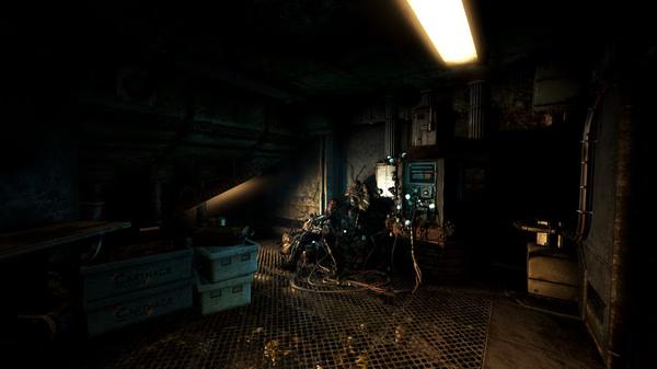 SOMA screenshot: A dimly lit, cluttered room with a tangled machine and glowing screens, creating an eerie, sci-fi atmosphere.