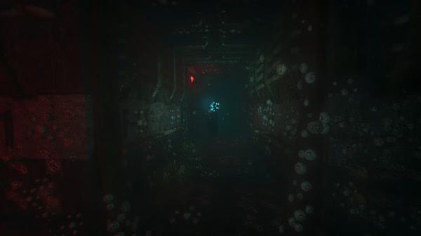 Screenshot from SOMA showing a dimly lit underwater corridor with glowing lights and a shadowy figure ahead.