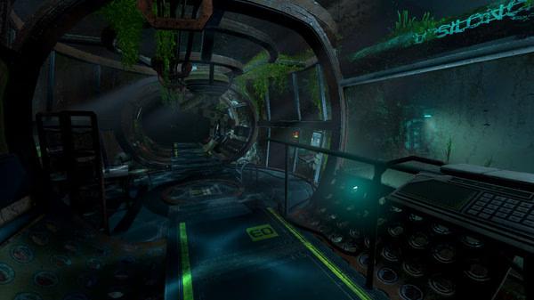 A SOMA screenshot showing an abandoned, dimly lit underwater facility with glowing screens and overgrown vegetation.