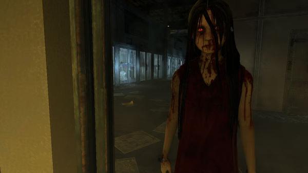 F.E.A.R. 3 screenshot: A mysterious figure with long hair and a blood-stained outfit stands in a dimly lit corridor.