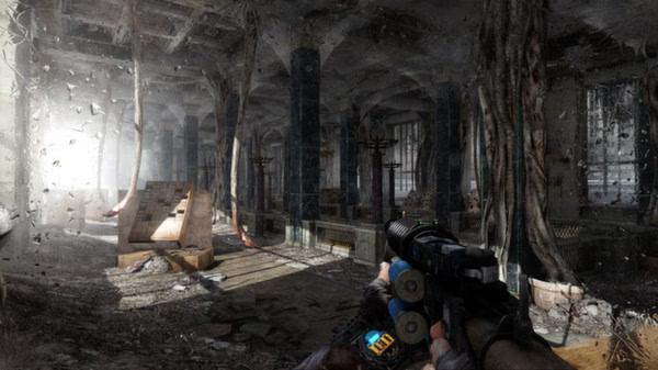 Screenshot from Metro 2033 Redux showing a player holding a weapon in a dilapidated, overgrown building interior.