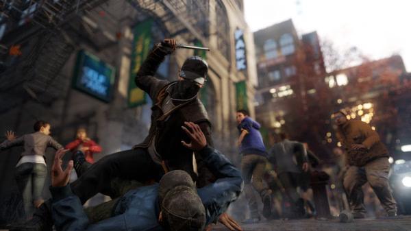A Watch Dogs screenshot showing a masked character attacking another person with a knife in a chaotic city street scene.