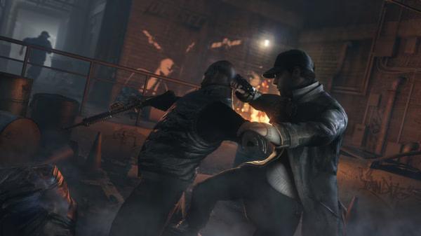 A tense fight scene in a dimly lit alley from Watch Dogs. Two characters are engaged in combat. Screenshot captures the dramatic moment.