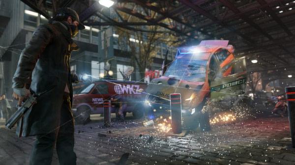 Watch Dogs screenshot: Aiden Pearce uses a hacking device, causing a police van to crash in a busy urban street.