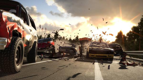 Screenshot from Wreckfest showing a chaotic car crash with debris flying on a sunlit road, capturing intense racing action.