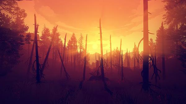 Firewatch screenshot: A serene forest landscape at sunset, with silhouetted trees and a vivid orange sky in the background.