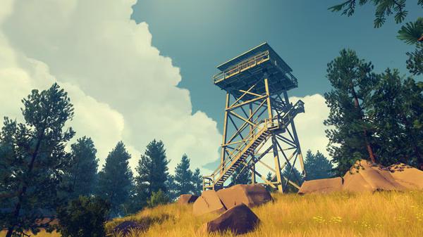 Screenshot from Firewatch showing a wooden lookout tower surrounded by trees and rocks under a clear blue sky.