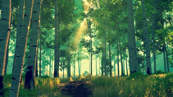 Screenshot from Firewatch showing a lush forest with tall trees and sunlight streaming through the leaves.