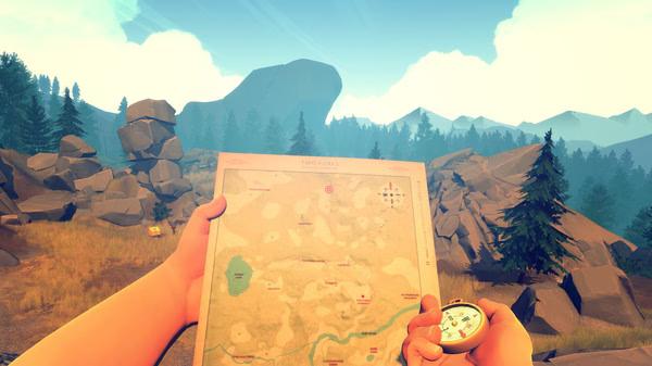 Firewatch screenshot: A character holds a map and compass, surrounded by a scenic forest and rocky landscape under a clear sky.