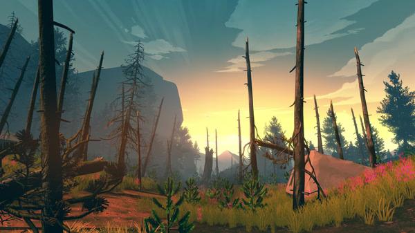 A Firewatch screenshot showing a scenic forest at sunset, with tall trees, colorful flowers, and rugged terrain under a dramatic sky.