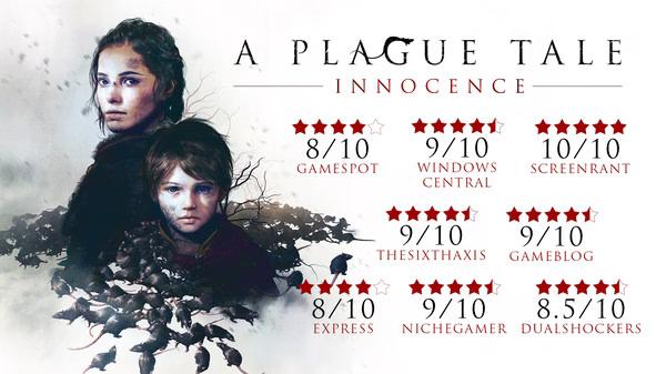 Screenshot from A Plague Tale: Innocence showing two characters surrounded by a swarm of rats alongside review scores.