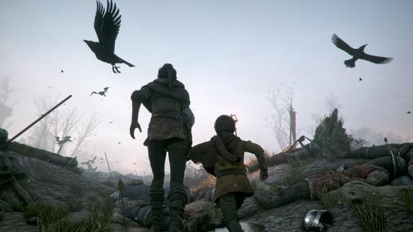 Screenshot from 'A Plague Tale: Innocence' showing two characters running through a battlefield with crows flying overhead.