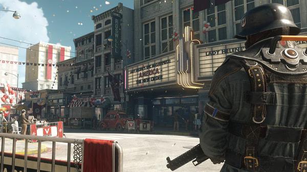 Screenshot from Wolfenstein II: The New Colossus showing a soldier with a rifle in a city street filled with shops and banners.