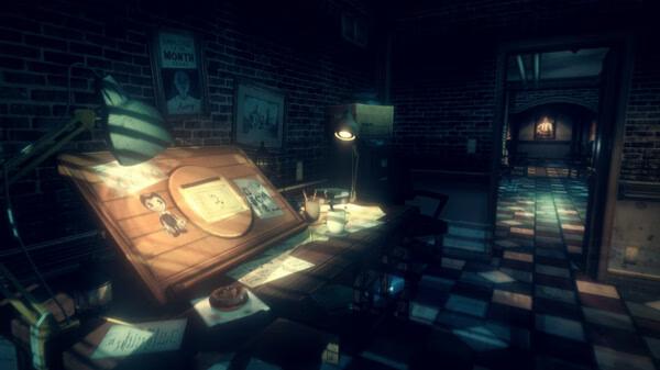 Screenshot from Bendy and the Dark Revival showing a dimly lit artist's desk with sketches and a hallway in the background.