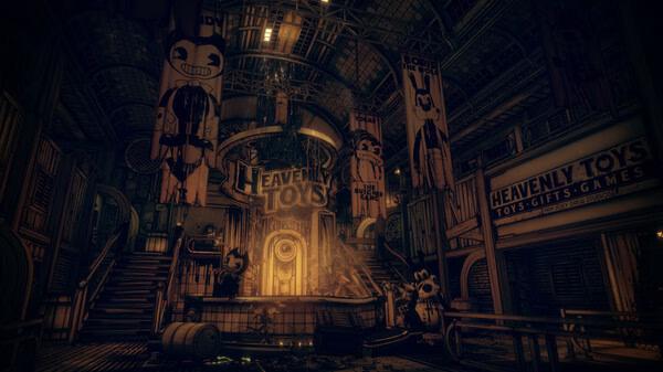 Screenshot from Bendy and the Dark Revival showing the Heavenly Toys area with Bendy posters and dim, eerie lighting.