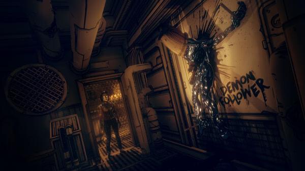 Screenshot from "Bendy and the Dark Revival": A figure stands in a dim hallway, facing a wall with "Demon Follower" written in ink.