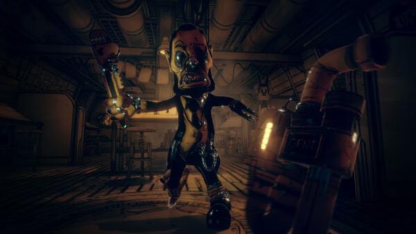 Screenshot from Bendy and the Dark Revival shows a menacing character holding a wrench in a dimly lit, industrial setting.