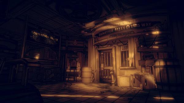 A screenshot from Bendy and the Dark Revival shows a dimly lit Animation Alley with a ticket booth and scattered debris.