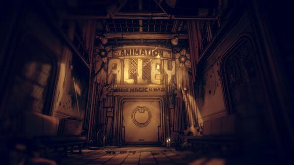Screenshot from "Bendy and the Dark Revival" showing Animation Alley entrance with the sign "Where Magic is Made" in dim lighting.