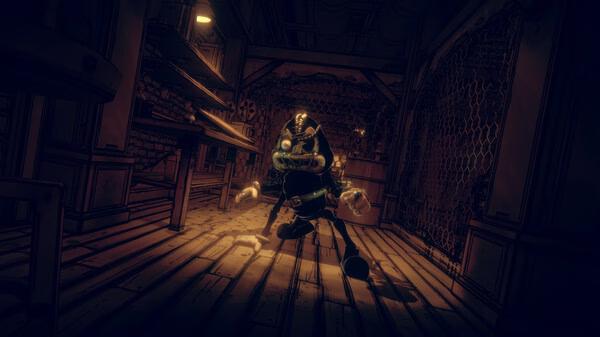 Screenshot from Bendy and the Dark Revival showing a cartoon-like creature in a dimly lit, eerie room.