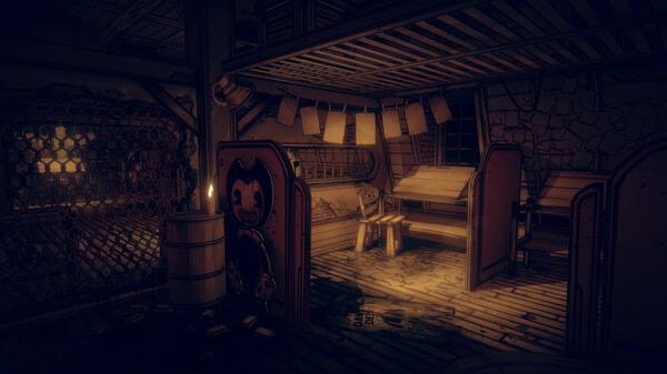 Screenshot from Bendy and the Dark Revival showing a dimly lit room with wooden furniture and a Bendy cutout near a candle.