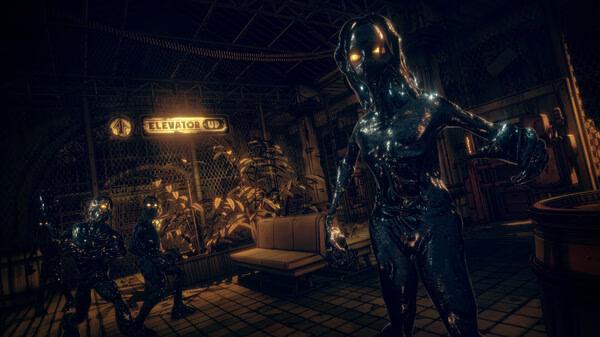 Screenshot from 'Bendy and the Dark Revival' showing eerie, ink-covered creatures in a dimly lit room near an 'Elevator Up' sign.