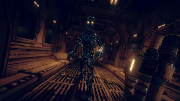 A screenshot from Bendy and the Dark Revival showing a glowing, ink-covered creature in a dimly lit industrial hallway.