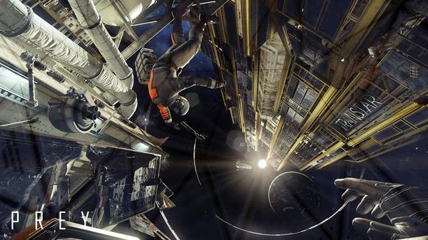 A screenshot from Prey showing a space station exterior with a figure in a spacesuit floating near the structure.