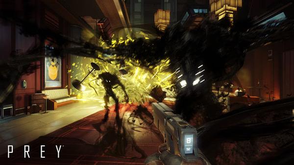 Screenshot from Prey showing a player wielding a weapon, facing off against Typhon creatures in a dimly lit room.