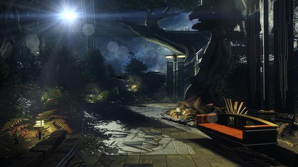 Screenshot from the game Prey showing a futuristic garden with a bench, large trees, and glowing lights under a starry sky.