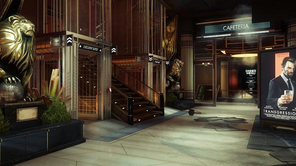 A screenshot from Prey showing a cafeteria area with lion statues, a staircase, and posters in a futuristic interior setting.