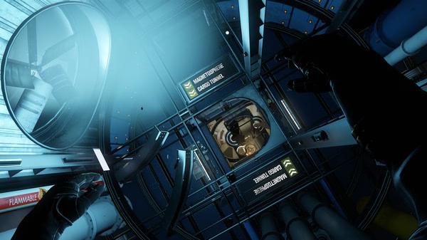 Screenshot from Prey showing a player navigating a futuristic space station interior with control panels and a glowing blue light.