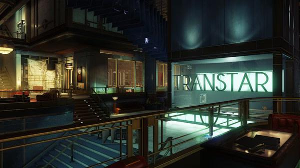 Screenshot from Prey showing a futuristic lobby with TranStar sign, stairs, and illuminated areas, creating a sci-fi atmosphere.