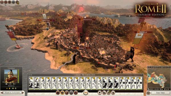 Screenshot of Total War: Rome II - Emperor Edition showing a detailed map view of Rome with army units and statistics.
