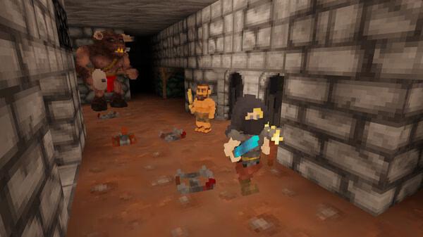 A Barony screenshot showing a dungeon scene with a troll, a warrior, and scattered items on the ground in pixel art style.