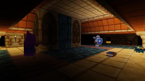 Barony screenshot: A knight faces a wizard in a dimly lit dungeon, with a waterfall and items scattered on the floor.