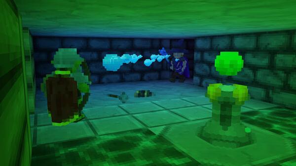 Screenshot from Barony showing two characters in a dungeon. One is casting a spell, while the other stands near a glowing orb.