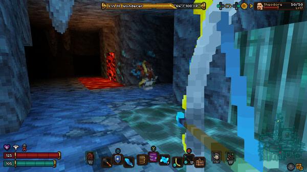 Barony screenshot: A player navigates a dark cave, aiming a bow at a distant enemy near glowing red crystals.
