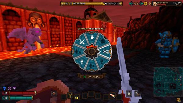 Barony screenshot: A player faces a command wheel with options in a lava-filled dungeon, flanked by a purple and a blue creature.