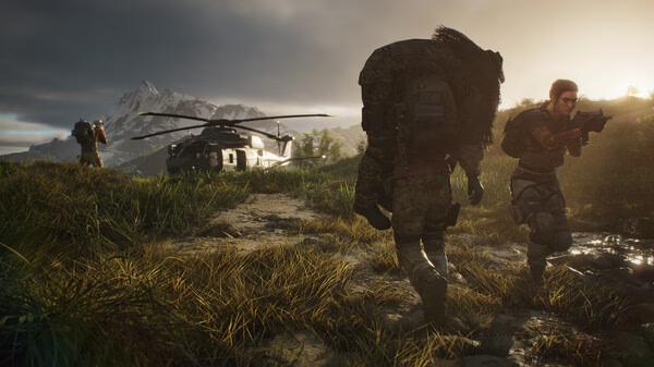 A screenshot from Tom Clancy's Ghost Recon Breakpoint shows soldiers near a helicopter in a rugged, grassy landscape at sunset.