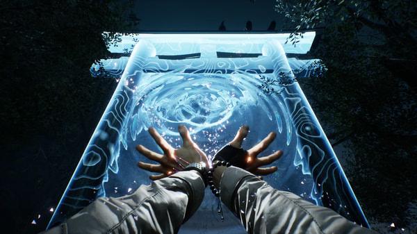 Screenshot from Ghostwire: Tokyo showing a character's hands casting a spell towards a glowing, mystical gate.