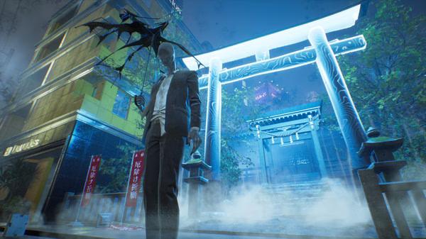 Screenshot from Ghostwire: Tokyo showing a mysterious figure with an umbrella near a glowing shrine gate enveloped in mist.