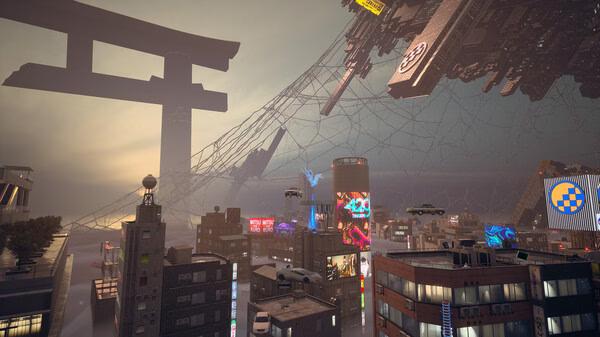 Screenshot from Ghostwire: Tokyo showing a cityscape with neon signs, a giant torii gate, and floating cars under a web-like structure.
