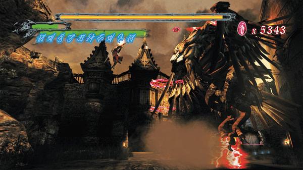 Screenshot from Devil May Cry HD Collection showing a character battling a large winged creature in a medieval setting.