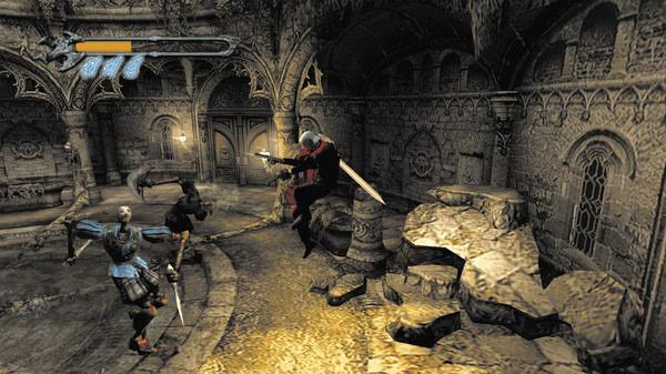 A screenshot from Devil May Cry HD Collection shows Dante battling enemies in a gothic stone room with his sword and guns.