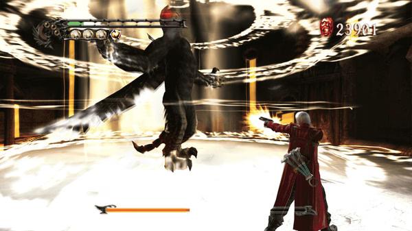 Screenshot from Devil May Cry HD Collection showing Dante in a red coat firing at a dark winged enemy in a glowing arena.