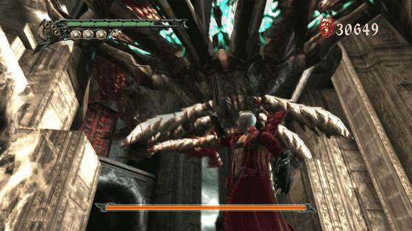 Dante in a red coat faces a giant creature in the Devil May Cry HD Collection screenshot, with a health bar visible.