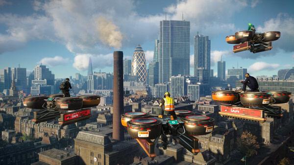 Watch Dogs: Legion screenshot featuring four characters on cargo drones flying over a detailed cityscape with modern skyscrapers.