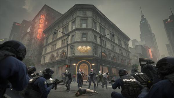 PAYDAY 3 screenshot: Armed police confront masked robbers outside a large building as a civilian lies on the ground.