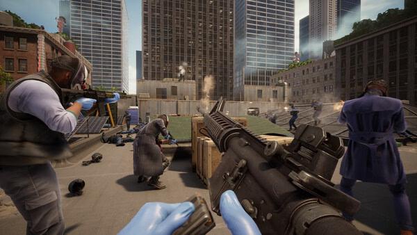 PAYDAY 3 screenshot: Armed players in action on a rooftop, engaging in a firefight amidst tall city buildings.
